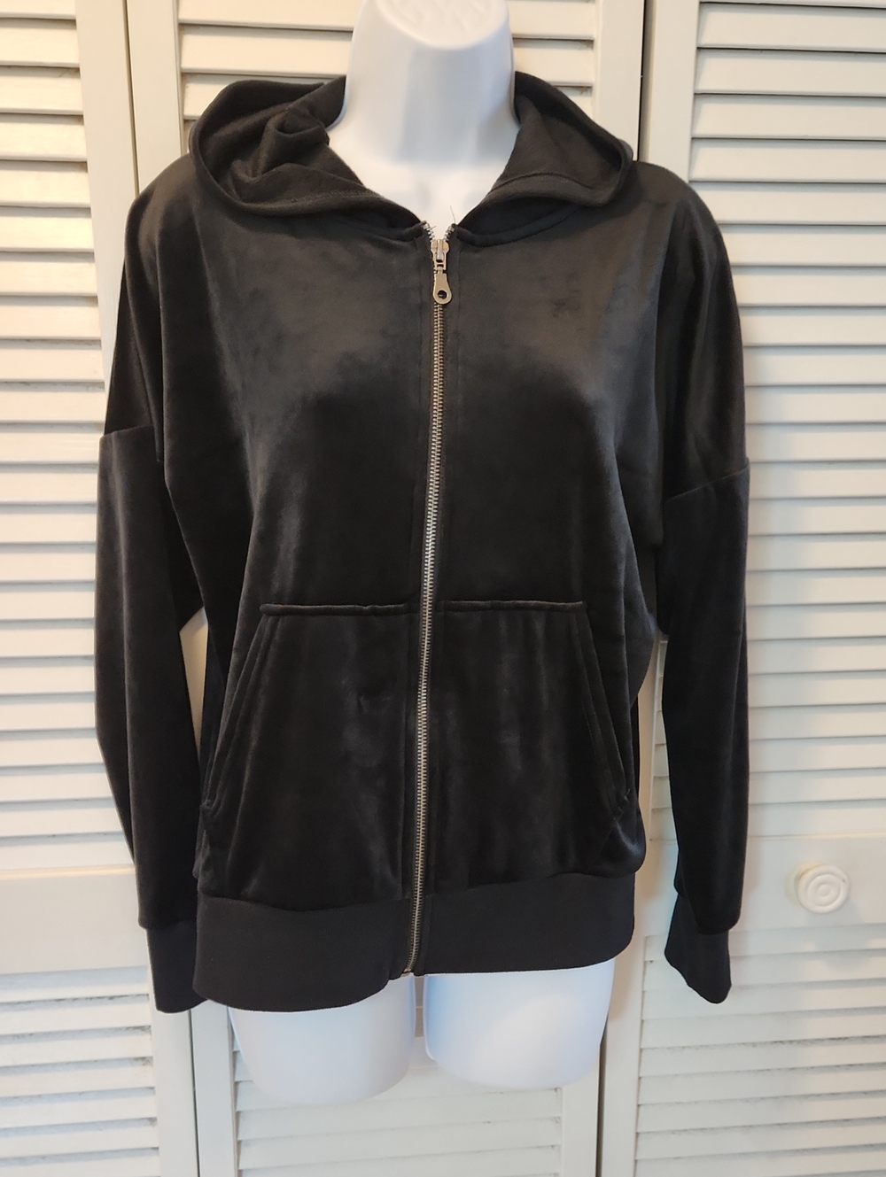 Black Velour Zip-Up Hoodie Jacket